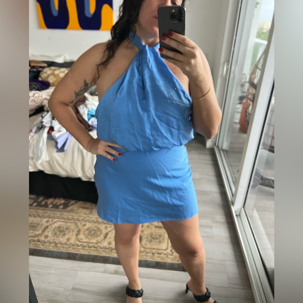 ASOS DESIGN high neck detail mini dress in blue